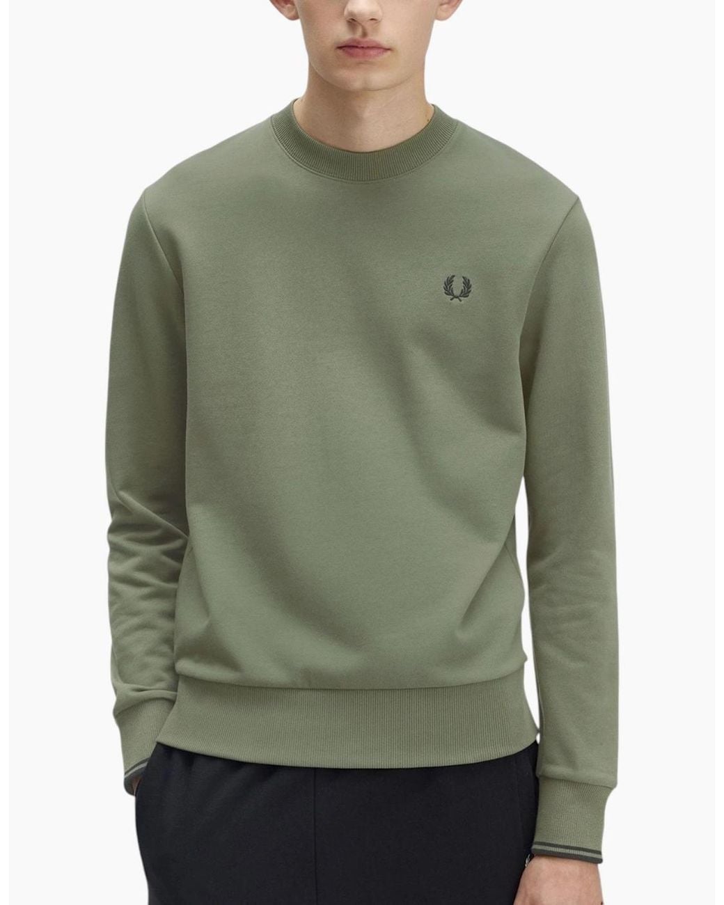Fred Perry Green Crew Neck Sweatshirt Embroidered Logo Pullover Cotton for men