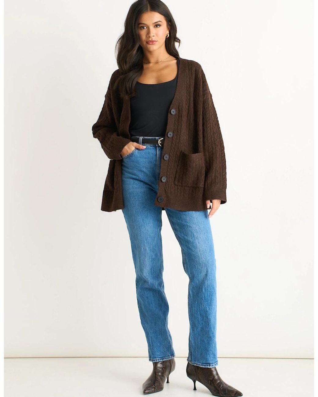 Gini London Brown Textured Knit Long Sleeve Pocket Cardigan