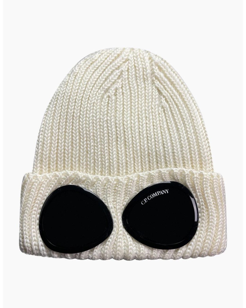 C P Company Natural Extra Fine Merino Wool Goggle Beanie Cream for men