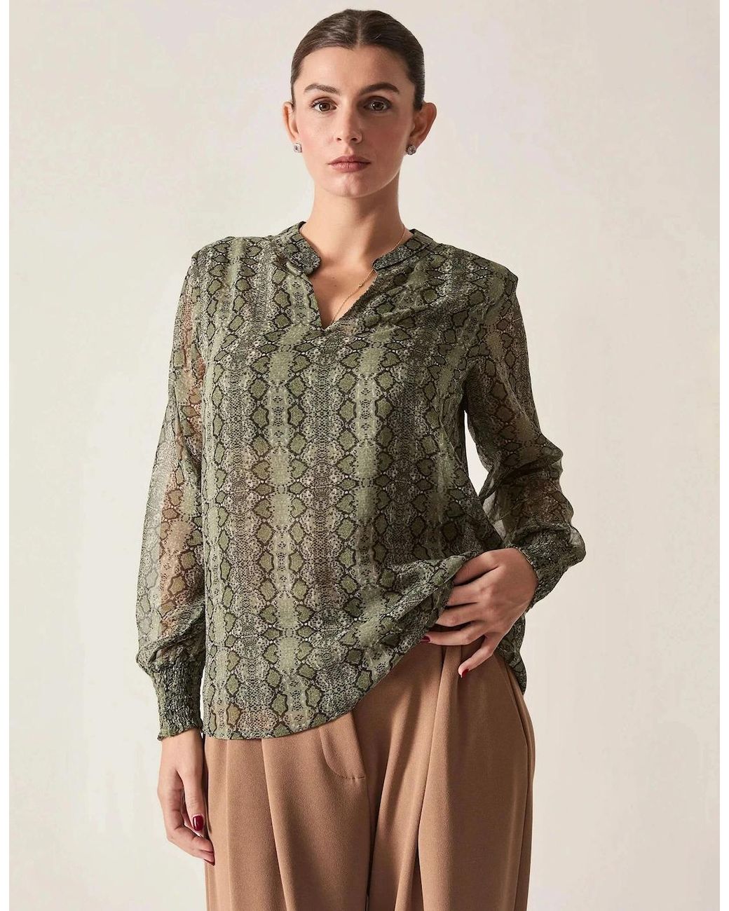 James Lakeland Natural Multi-Tone Snake Print Sheer-Sleeve Blouse