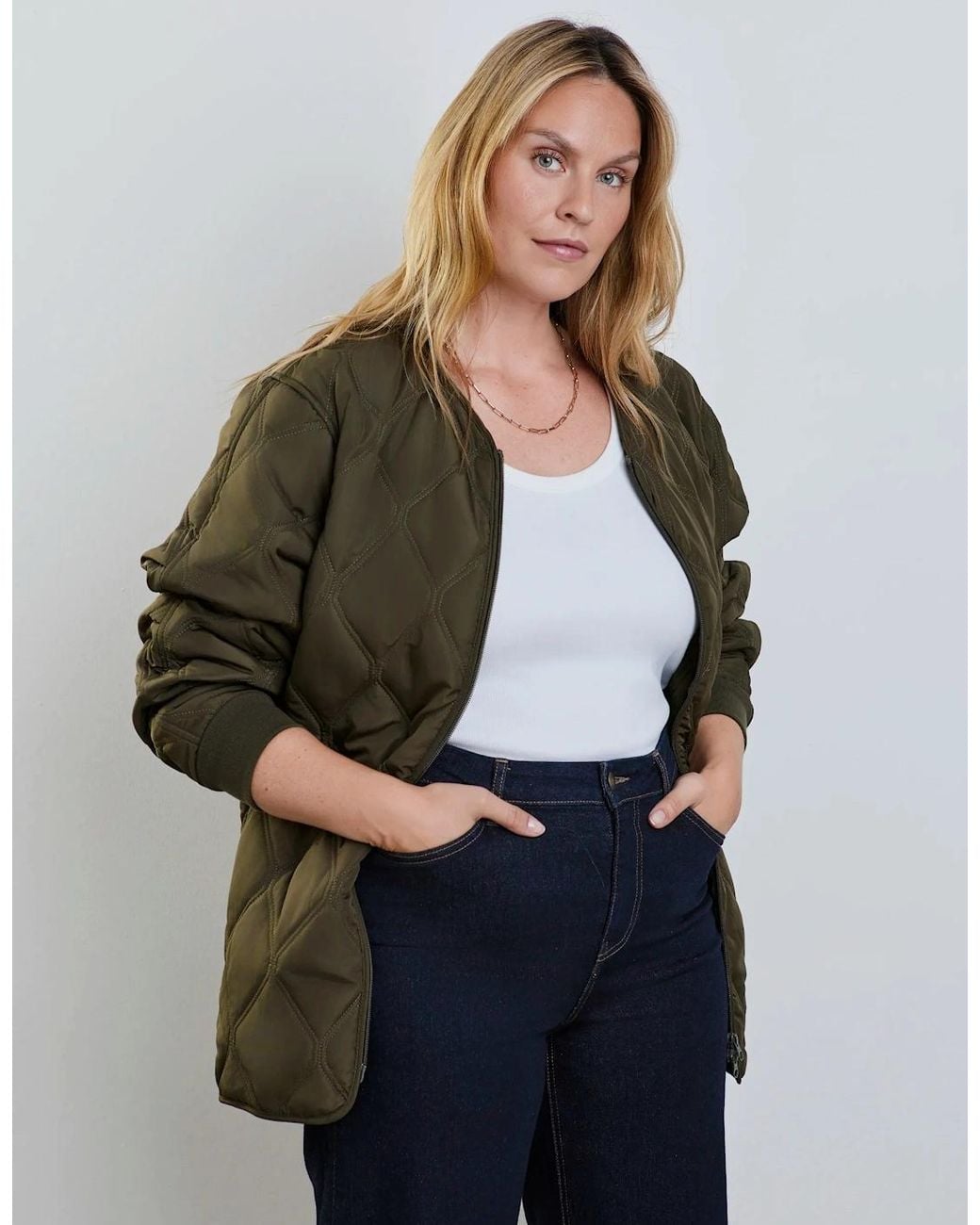 Live Unlimited London Green Khaki Quilted Bomber Jacket