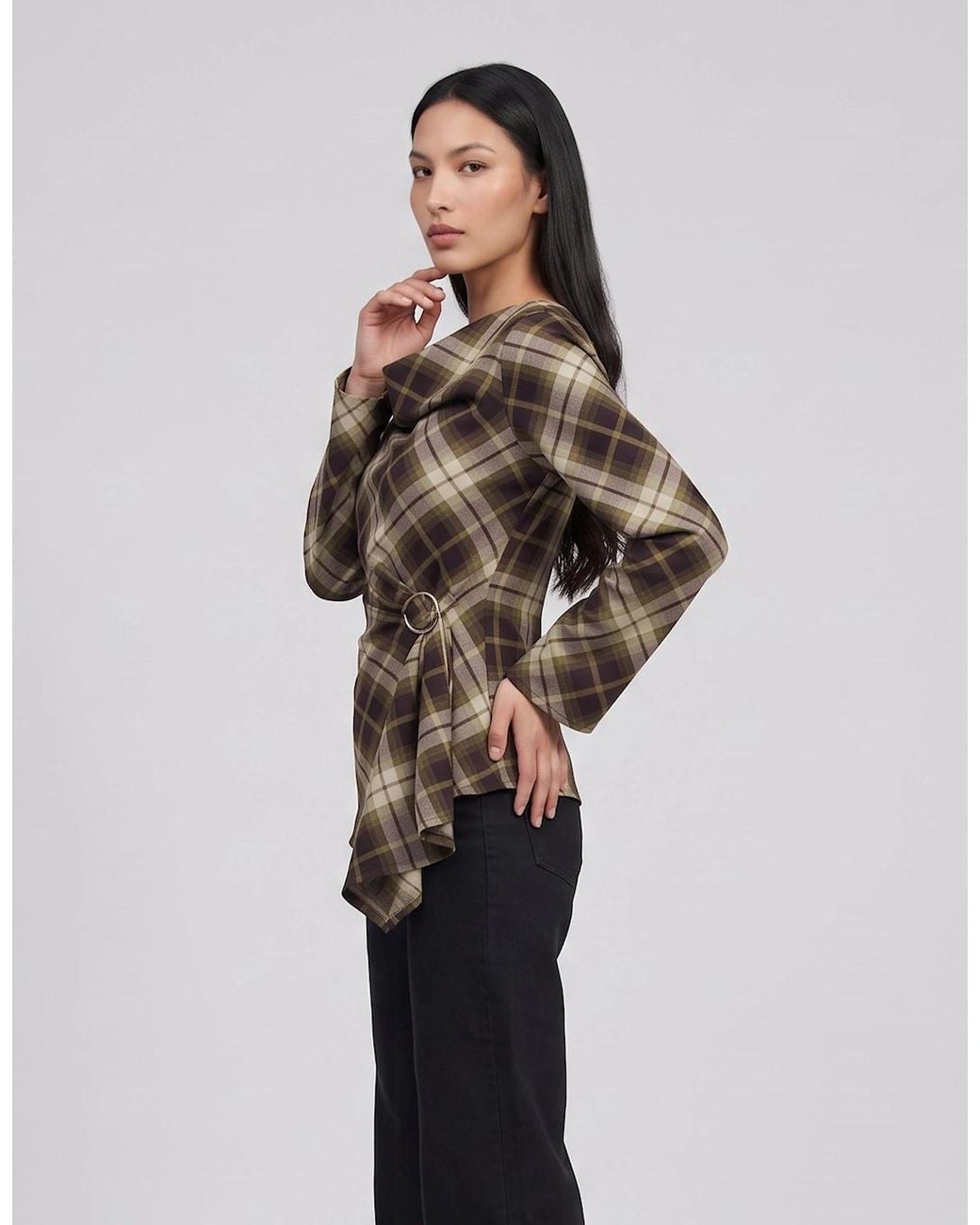 Gini London White Khaki Check Cowl High Neck Ruched Side Blouse