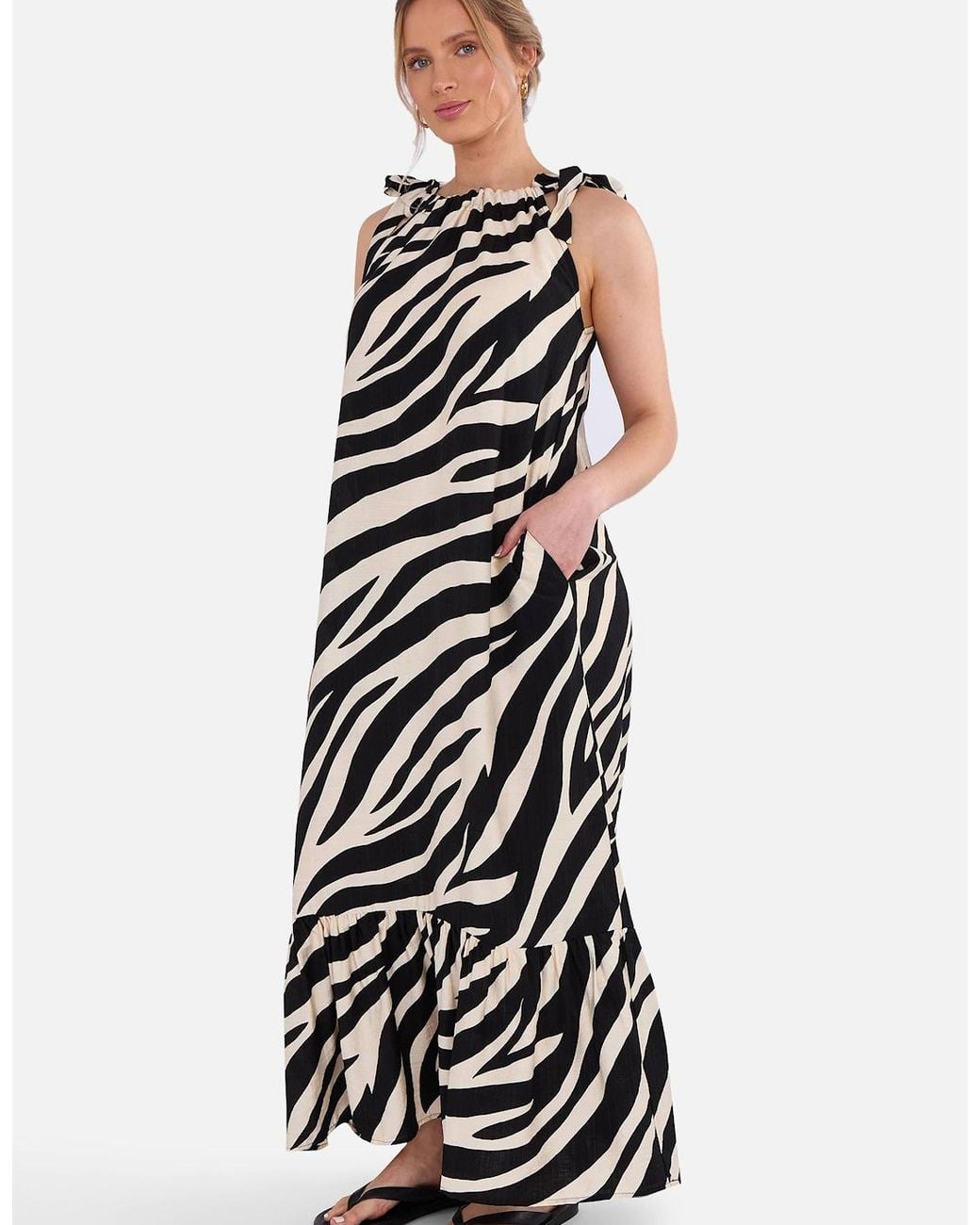 Gini London Green Mono Zebra Print Tie Shoulder Maxi Dress