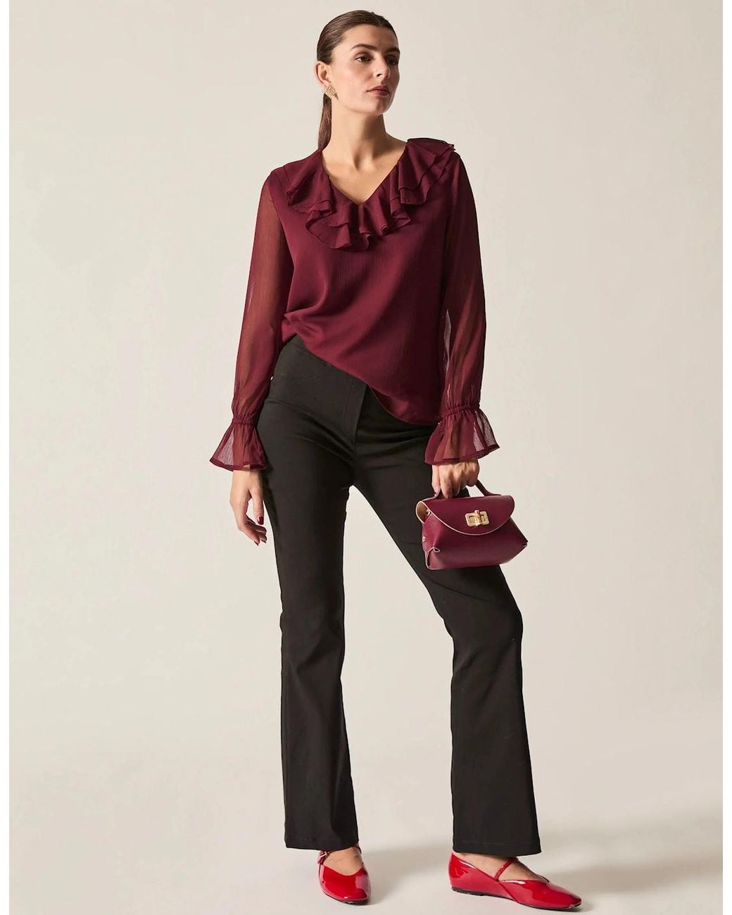 James Lakeland Red Burgundy Sheer-Sleeve Ruffle Blouse