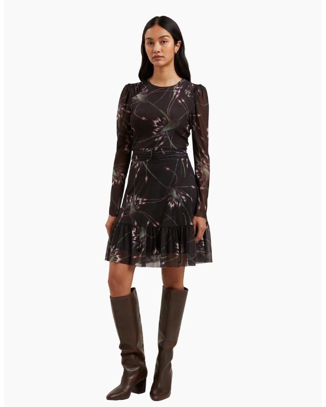 Ted Baker Black Sannde Gathered Shoulder Mesh Mini Dress