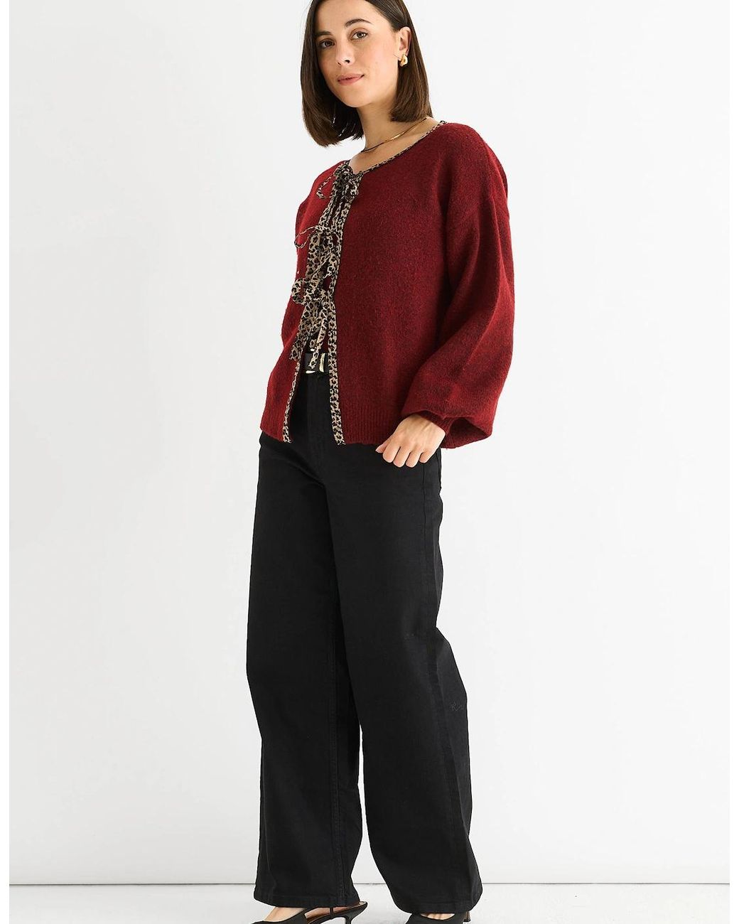 Gini London Red Burgundy Contrast Animal Tie Oversized Knit Cardigan