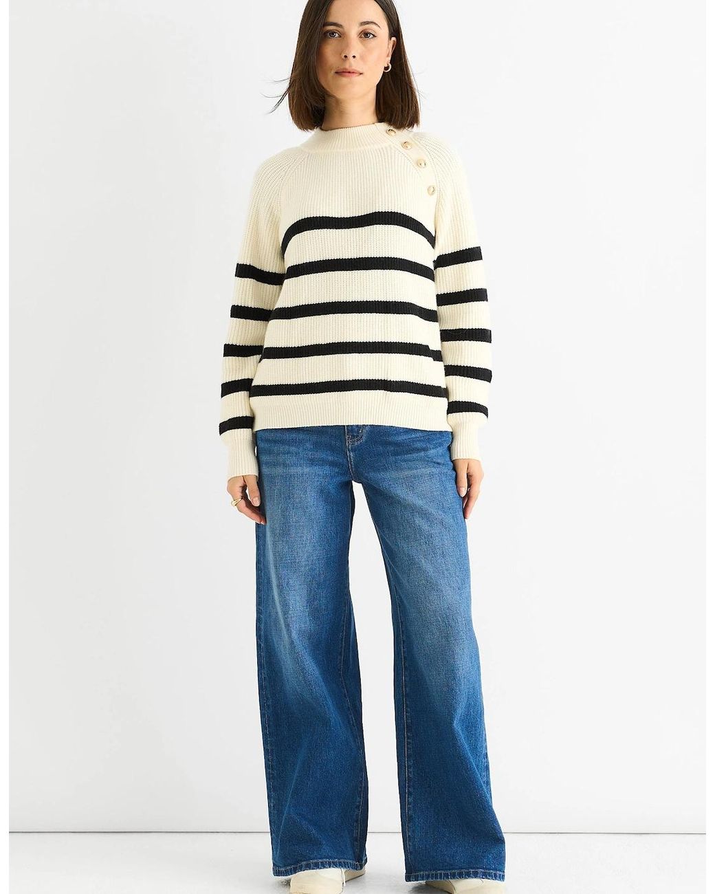 Gini London Blue Cream Stripe Cable Knit Button Oversized Jumper