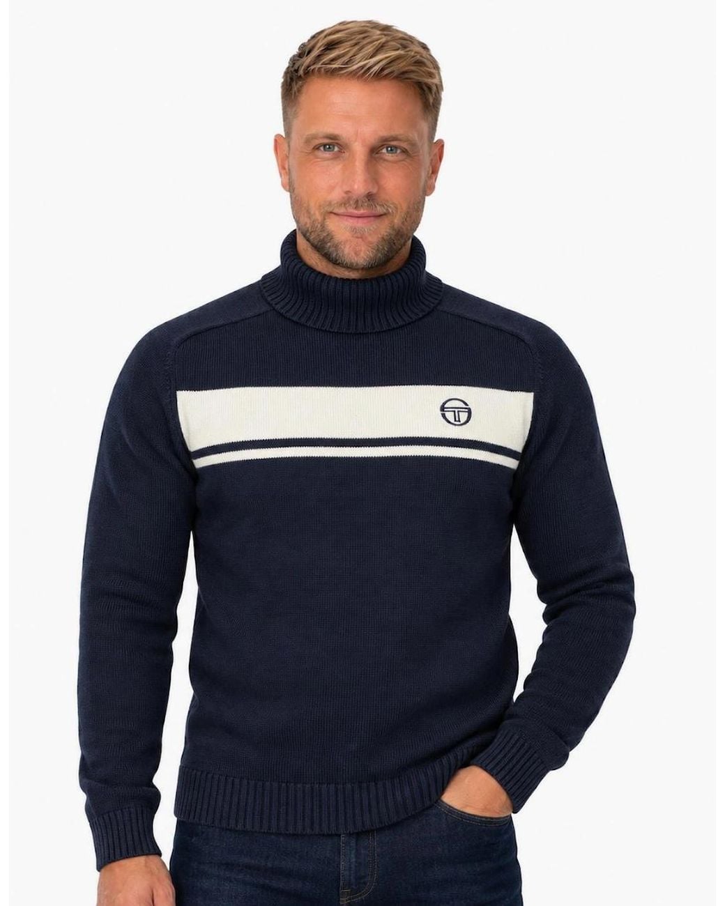 Sergio Tacchini Blue Damarindo Knitted Turtle Neck Jumper Gardenia/Maritime for men