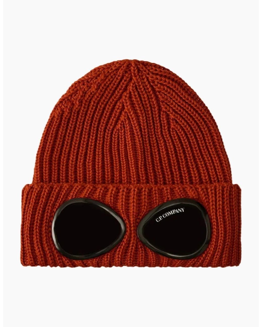 C P Company Red Extrafine Merino Wool Goggle Beanie for men