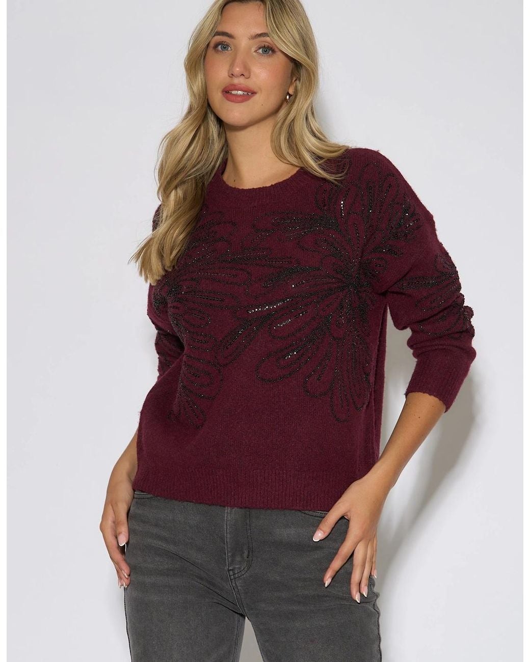 Gini London Red Mulberry Floral Beaded Recycle Content Mix Jumper