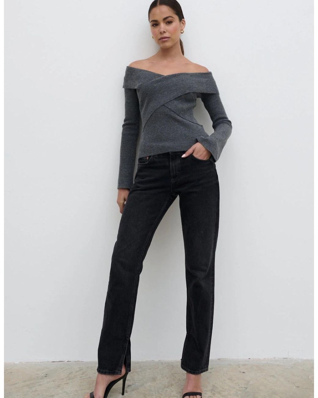 Pretty Lavish Gray Daphne Cross Over Knit Top