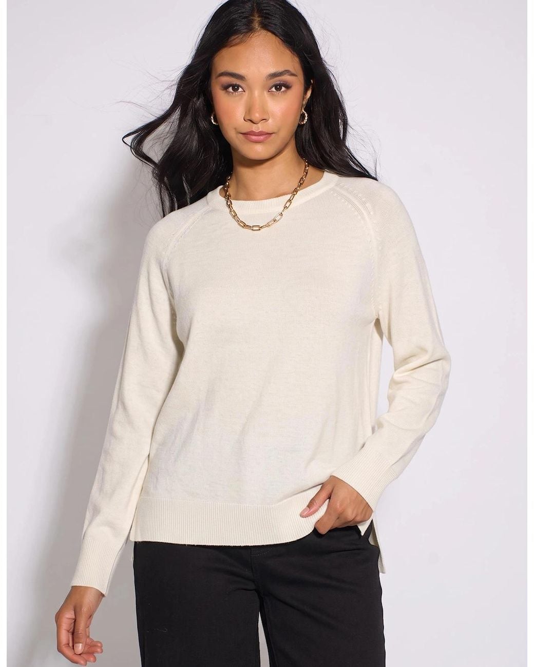 Gini London Natural Ivory Crew Neck Fine Knit Oversized Jumper