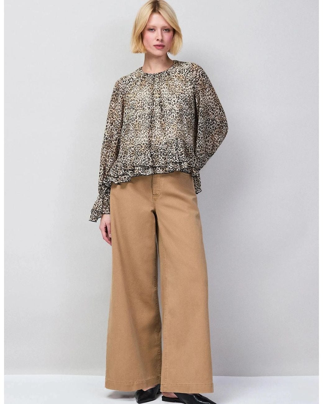 Ro&zo Brown Leopard Print Ruffle Hem Chiffon Blouse
