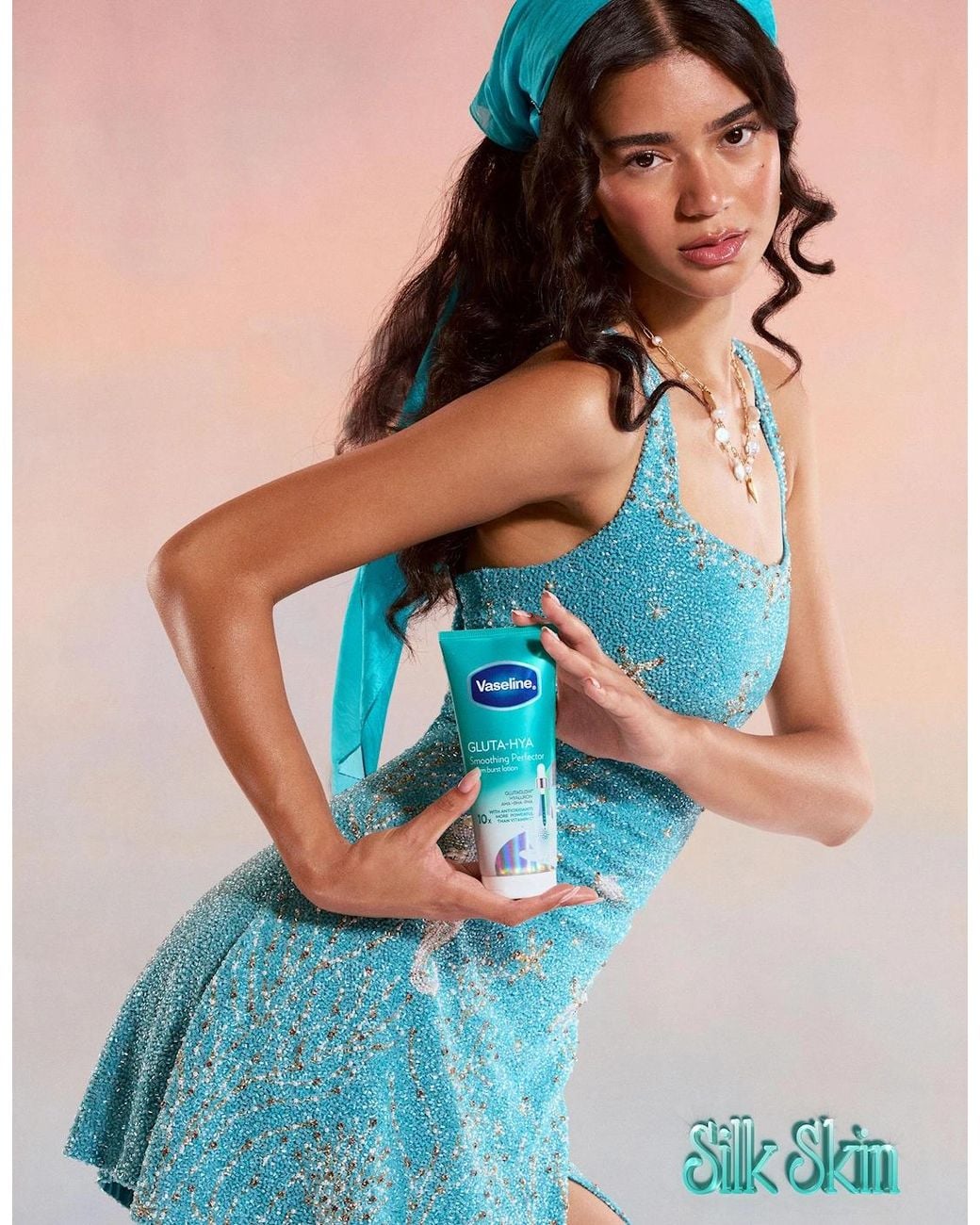 Oceanus Blue Azure Reef Hand-Beaded Mini Dress