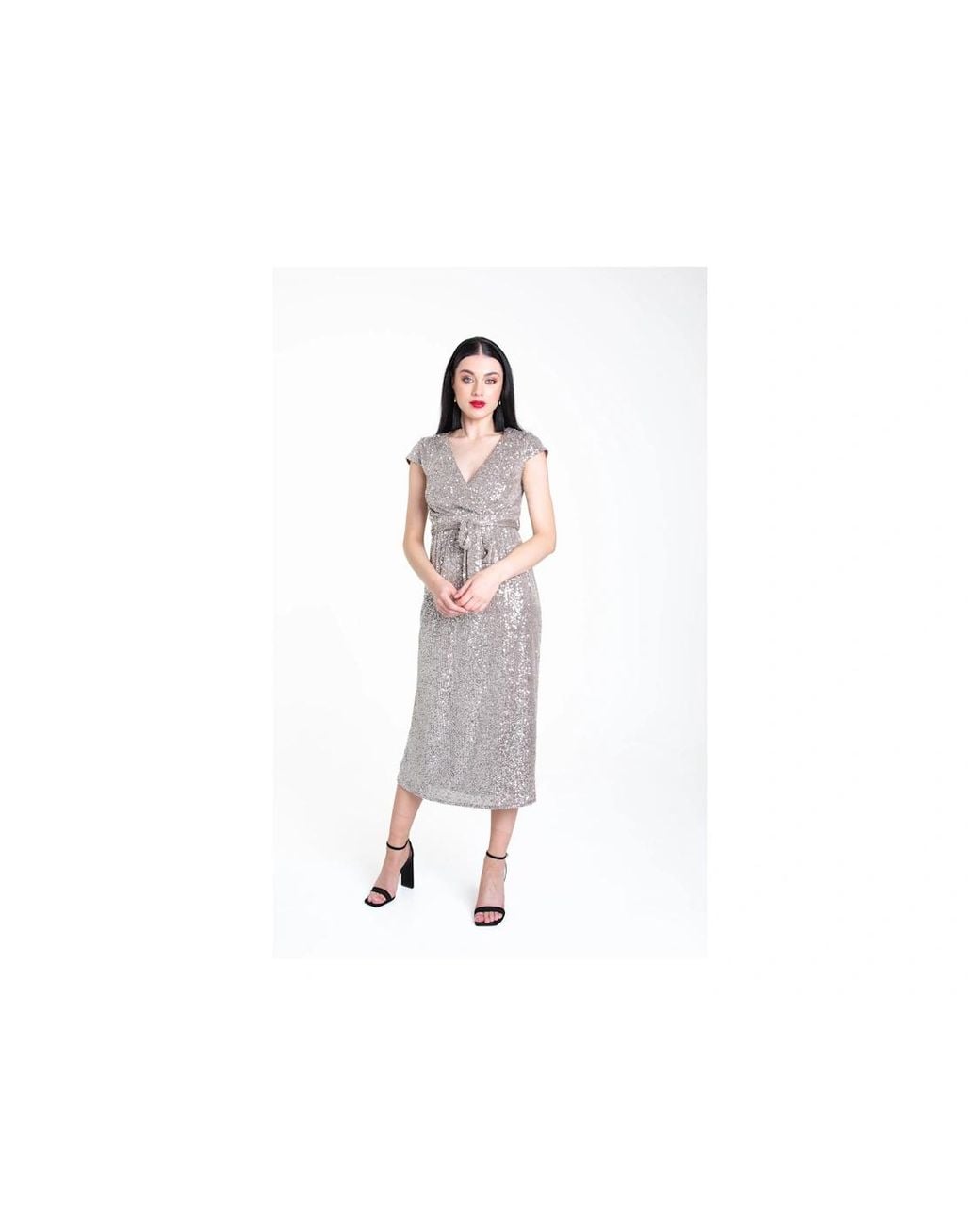 Gini London White Gun Metal Sequin Belted Midi Wrap Dress