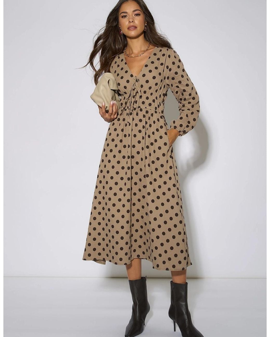 Gini London Natural Cotton Spot Skater Midi Dress