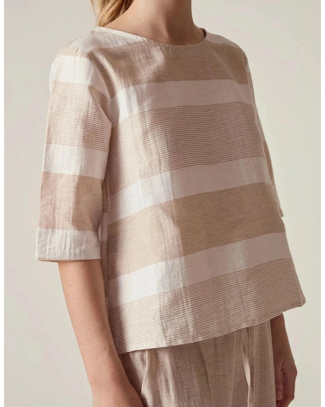James Lakeland Natural Striped Linen Blend Button-Back Top