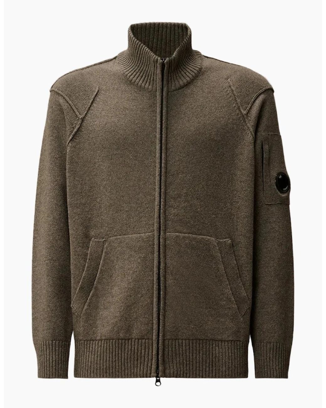 C P Company Green Lambswool Zip-Up Lens Cardigan for men