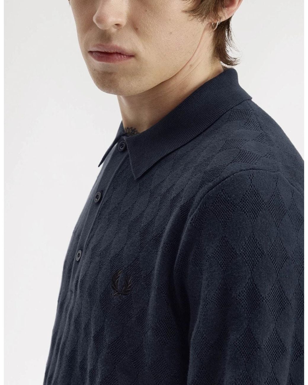 Fred Perry Blue Pointelle Knitted Polo Shirt for men