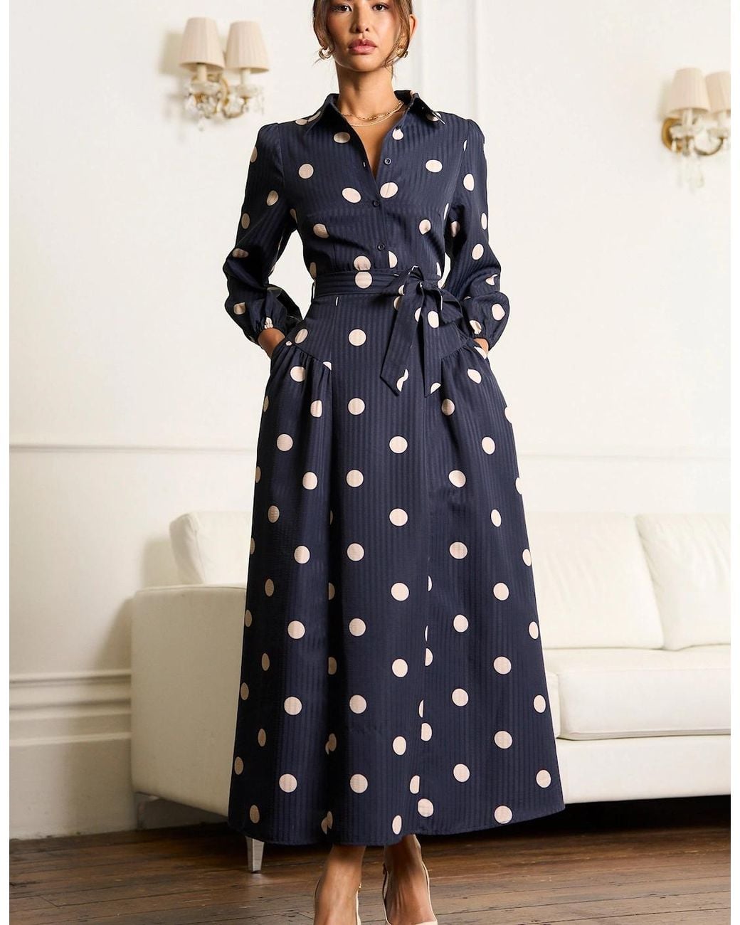 Gini London Blue Spot Jacquard Fit And Flare Dress