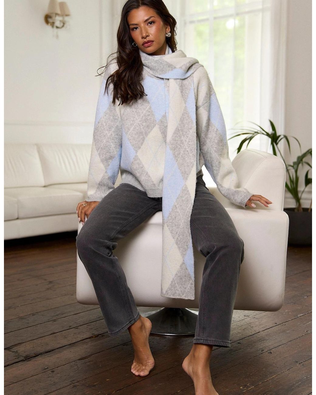 Gini London Gray Multi Argyle Soft Knit Scarf Jumper
