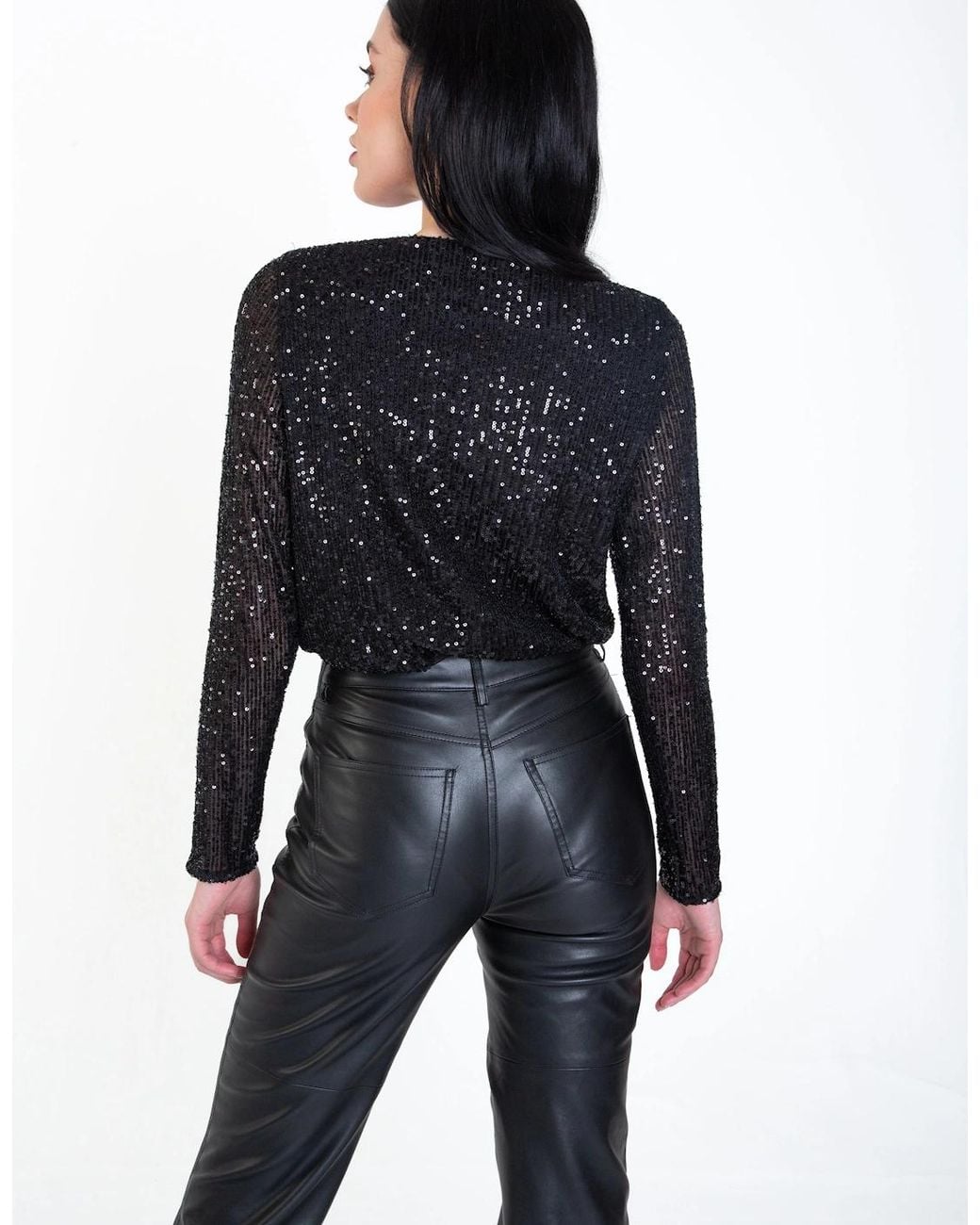 Gini London Black Sequin Wrap Long Sleeves Bodysuit
