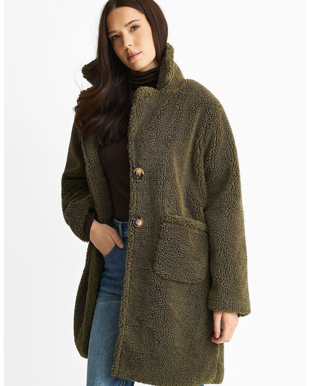 Gini London Natural Khaki Faux Fur Longline Teddy Overcoat
