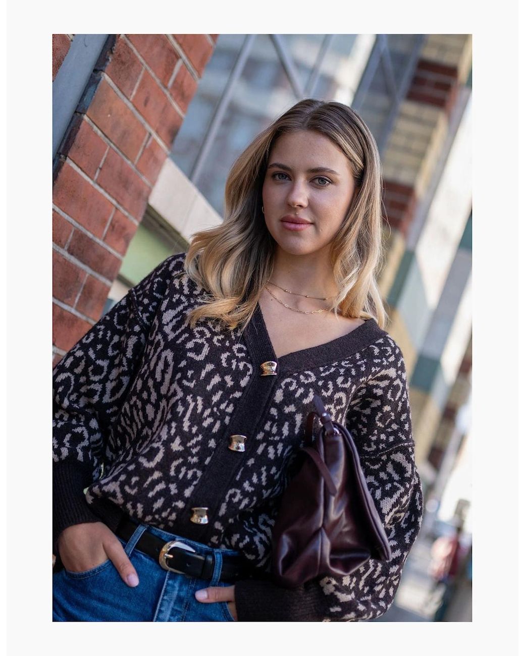 Gini London Blue Chocolate Animal Print Wool Mix Cardigan Look Jumper