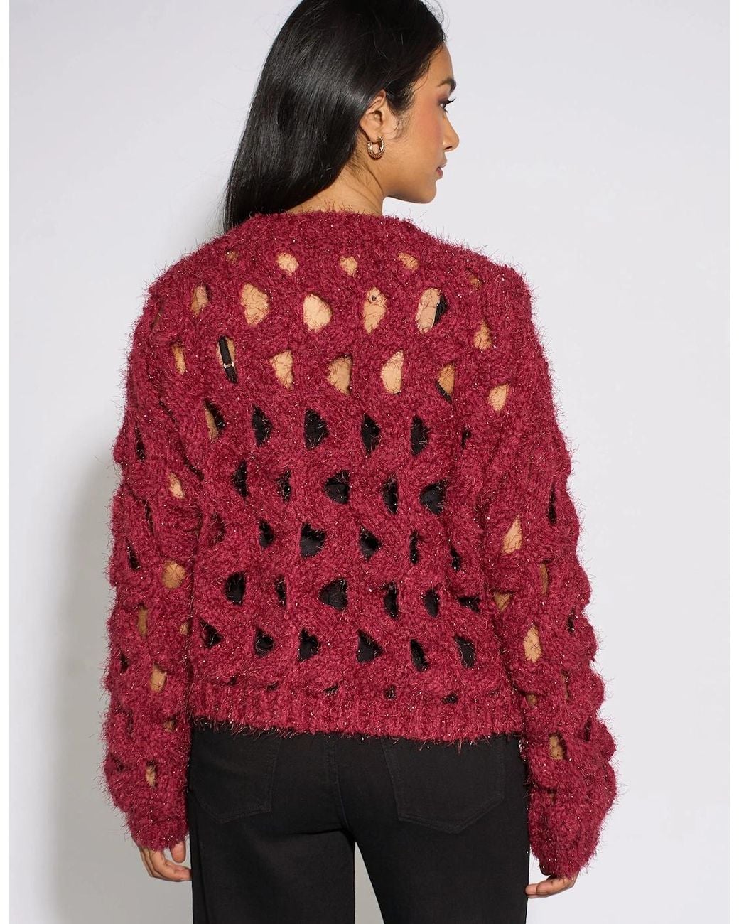 Gini London Red Cerise Hollow Chunky Knit Cardigan
