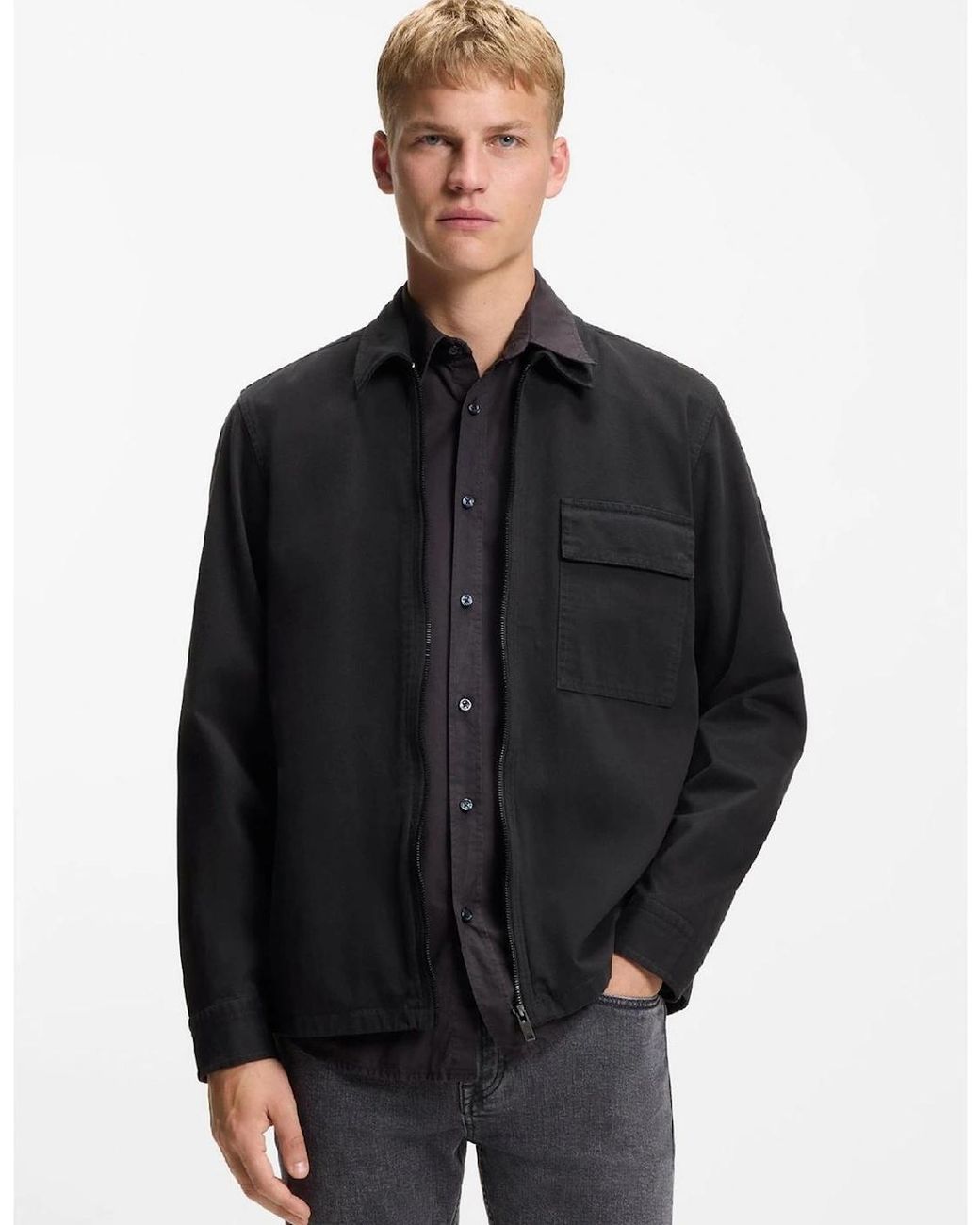 Boss Black Solid Patterned Shirt Collar Press Stud Cuff Shirt Jacket for men