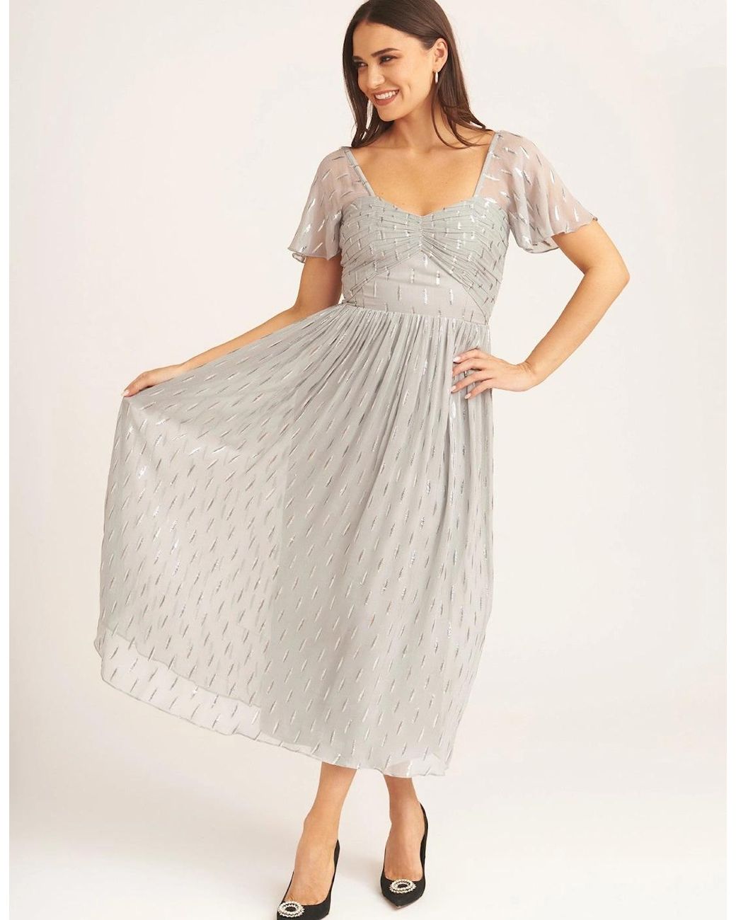 Gini London Natural Jacquard Metallic Angel Sleeves Midi Dress