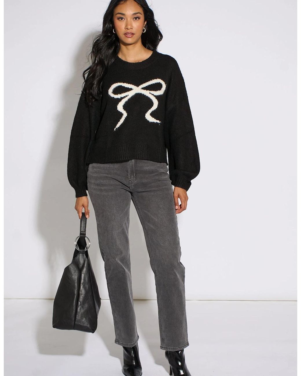 Gini London Black Contrast Bow Pattern Oversized Jumper