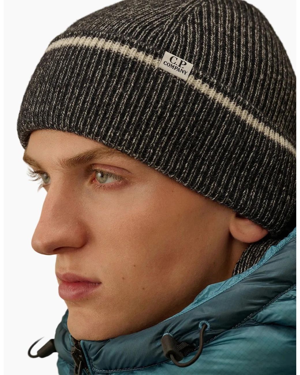 C P Company Green Fleece Knit Logo Beanie for men