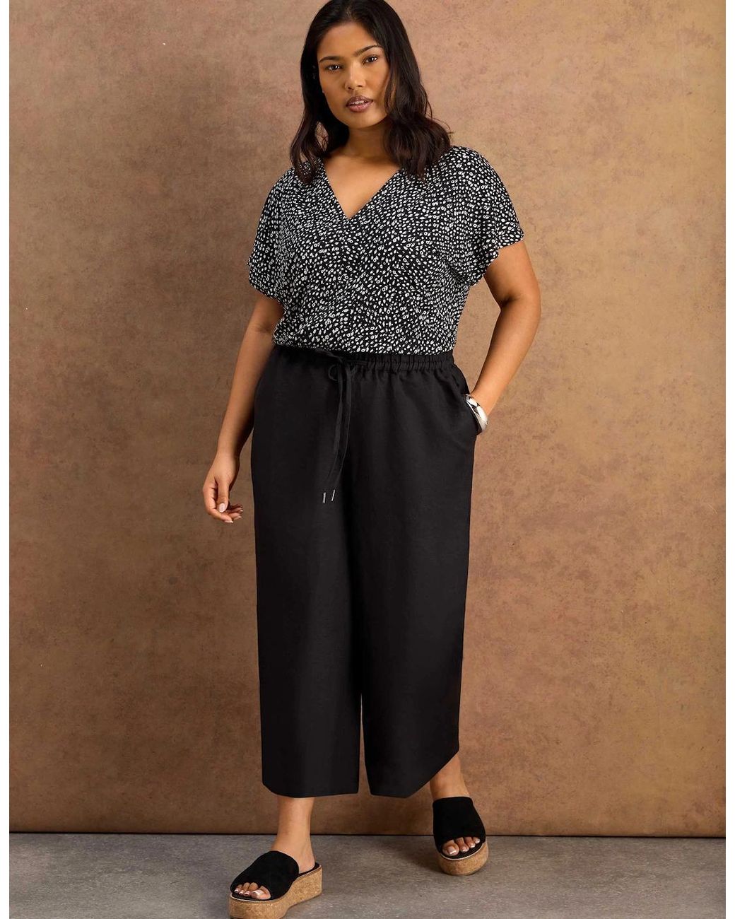 Live Unlimited London Black Linen Blend Drawstring Cropped Trousers