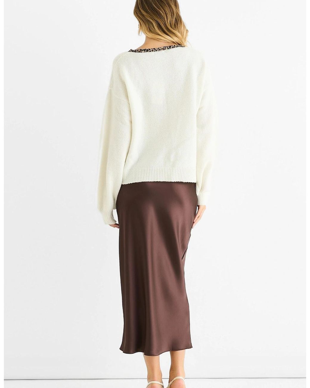 Gini London White Cream Contrast Animal Tie Oversized Knit Cardigan