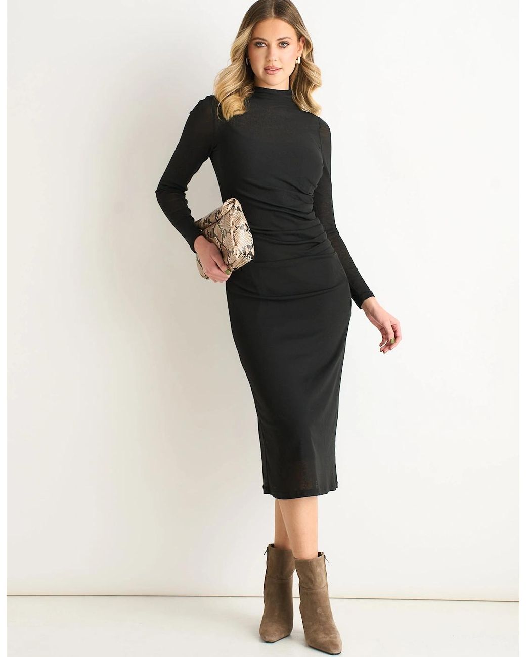 Gini London Black Ruched Jersey Long Sleeve Midi Dress