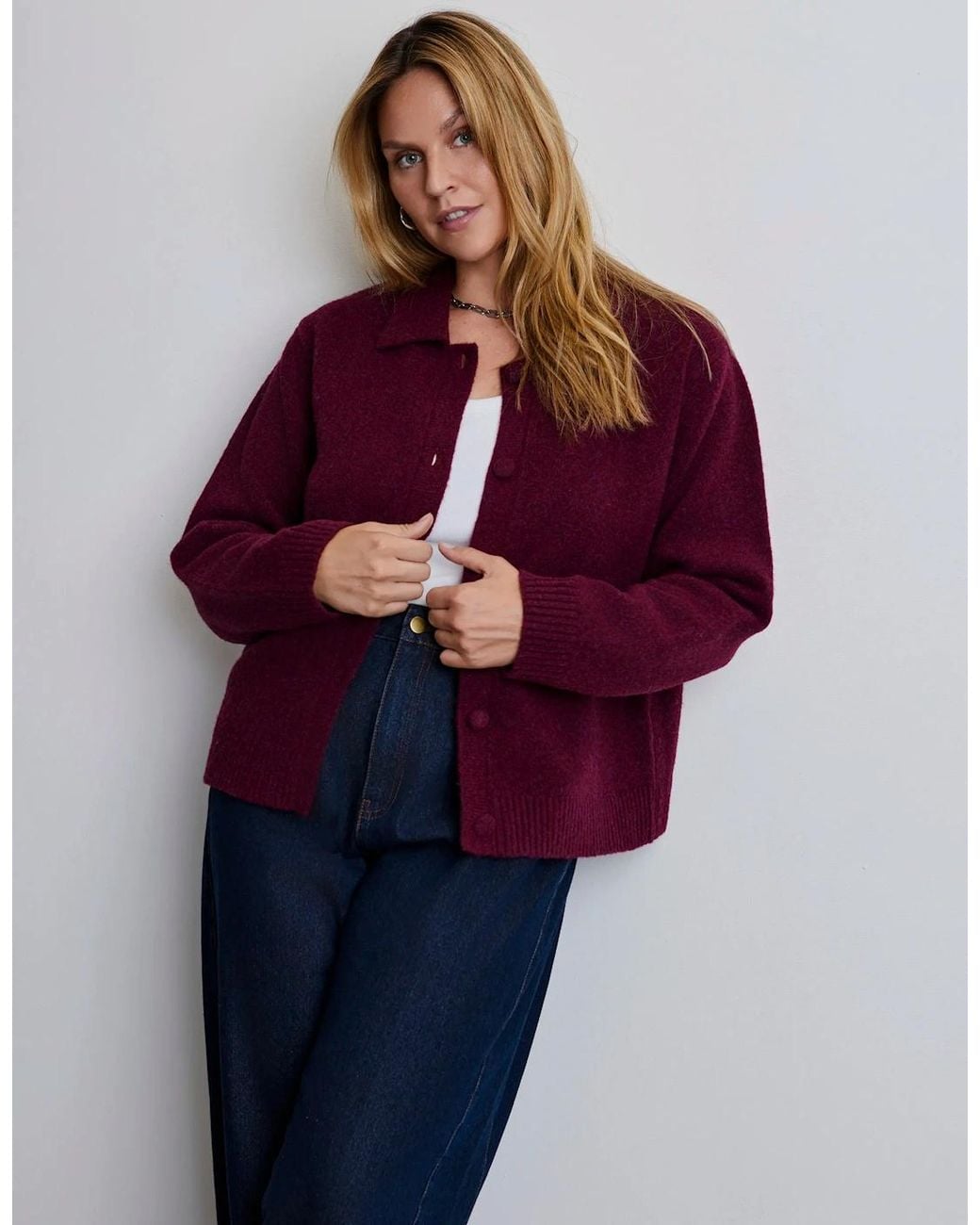 Live Unlimited London Red Burgundy Wool Blend Polo Collar Cardigan