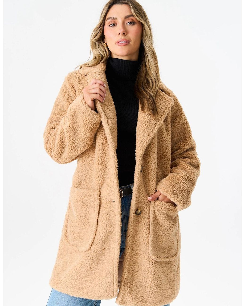 Gini London Blue Camel Faux Fur Longline Teddy Overcoat