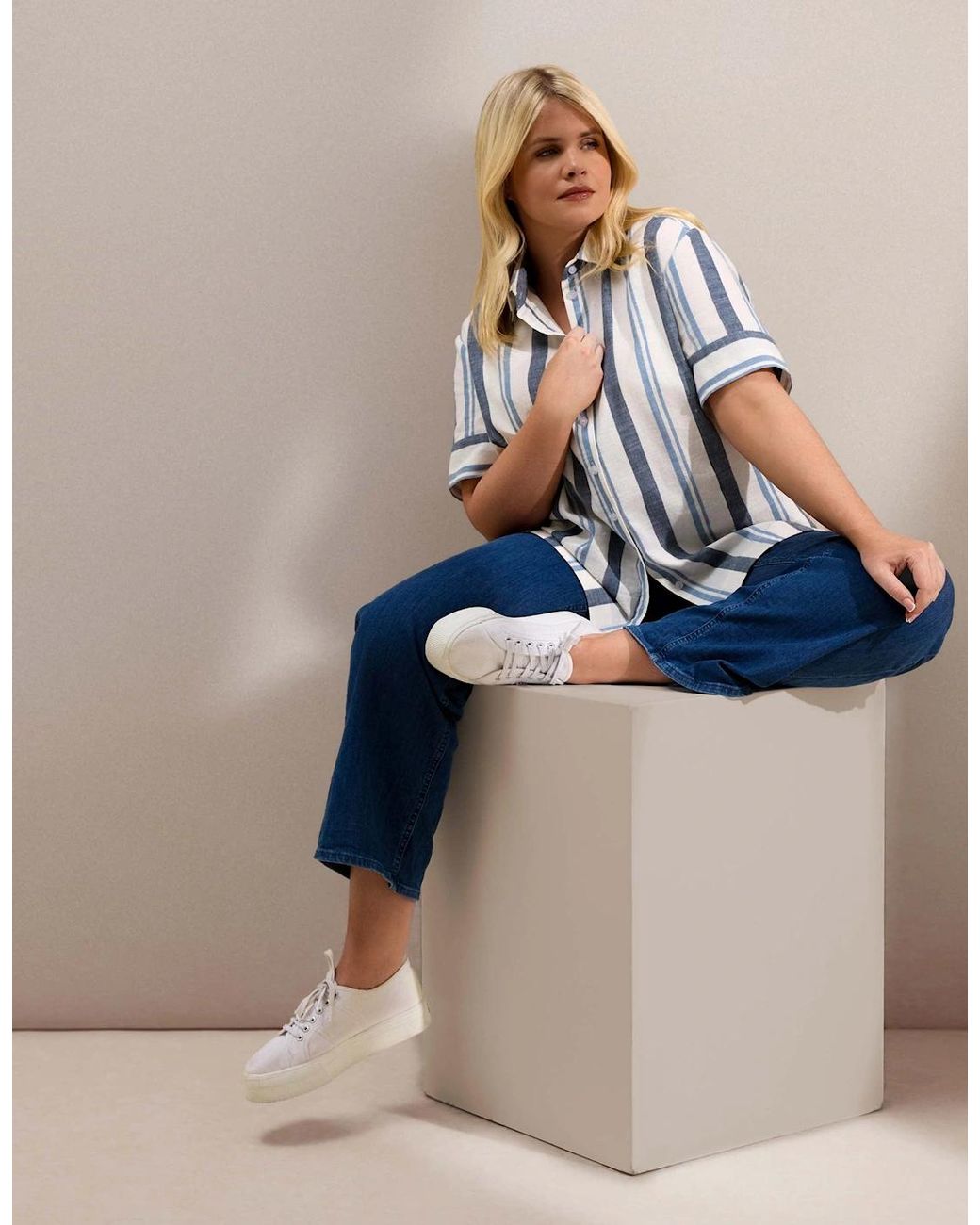 Live Unlimited London Blue Stripe Short Sleeve Linen Shirt