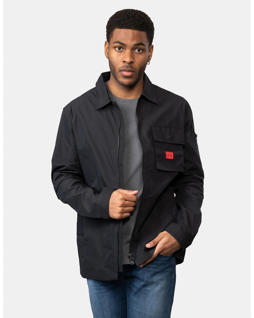 Boss Blue Hugo Emmond Zip Overshirt With Logo Label for men
