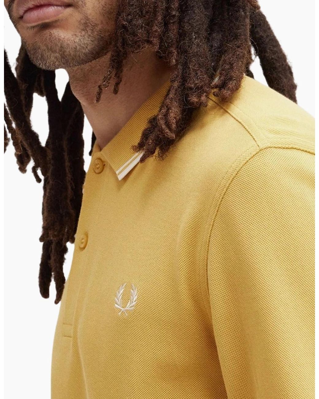 Fred Perry Yellow Twin Tipped Collar Honeycomb Long Sleeve Polo Shirt for men