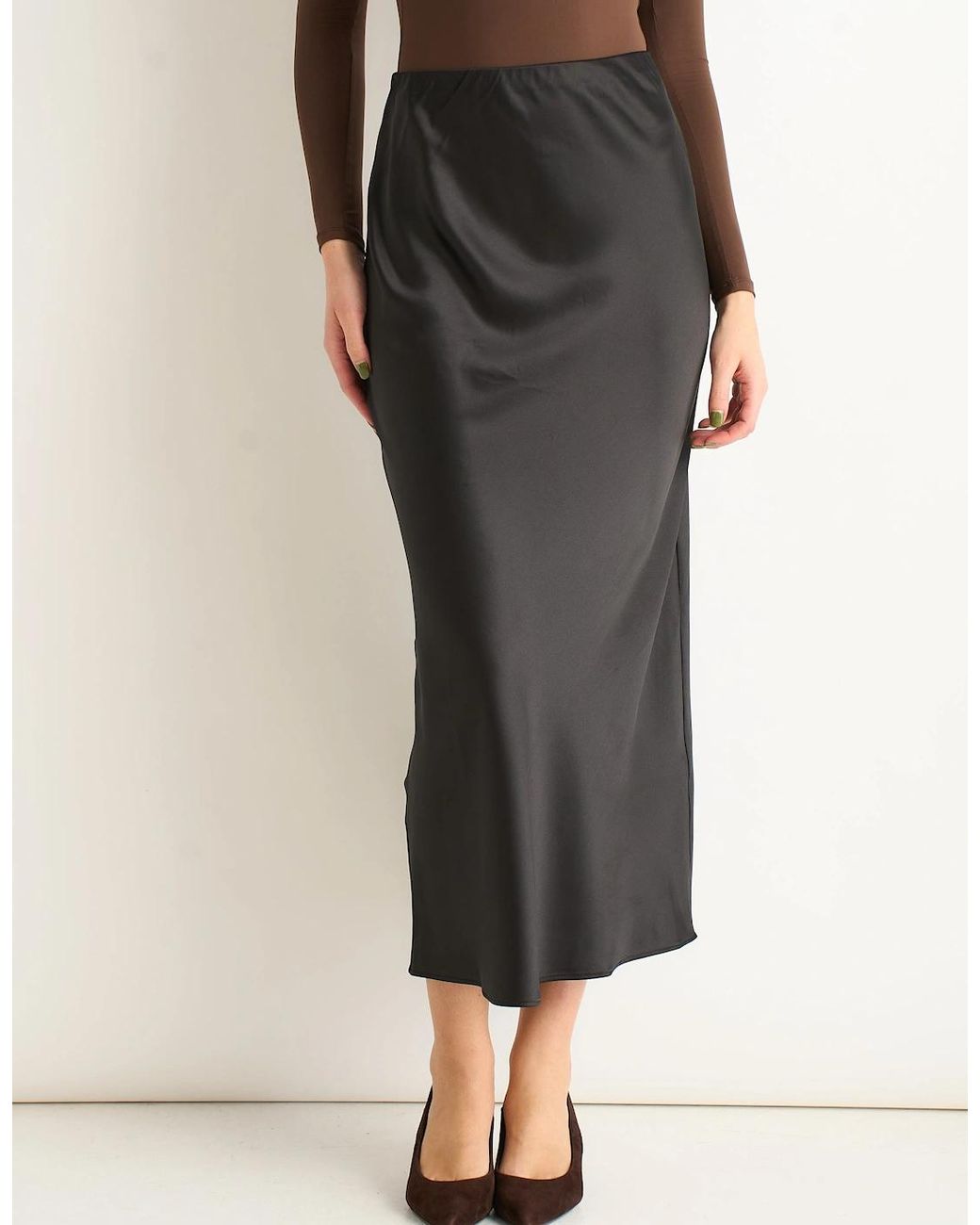 Gini London Black Satin Bias Cut Midi Skirt