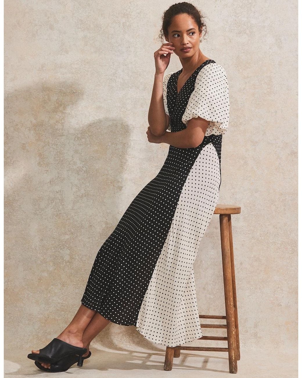 Ro&zo Natural Petite Mono Contrast Polka-Dot Midi Dress