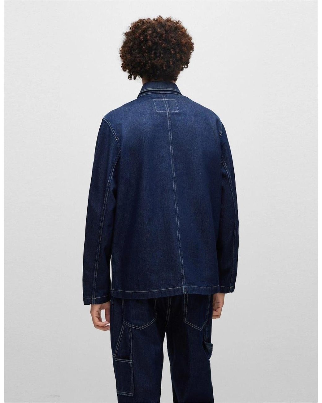 Boss Blue Solid Patterned Denim Jacket With Shirt Collar for men