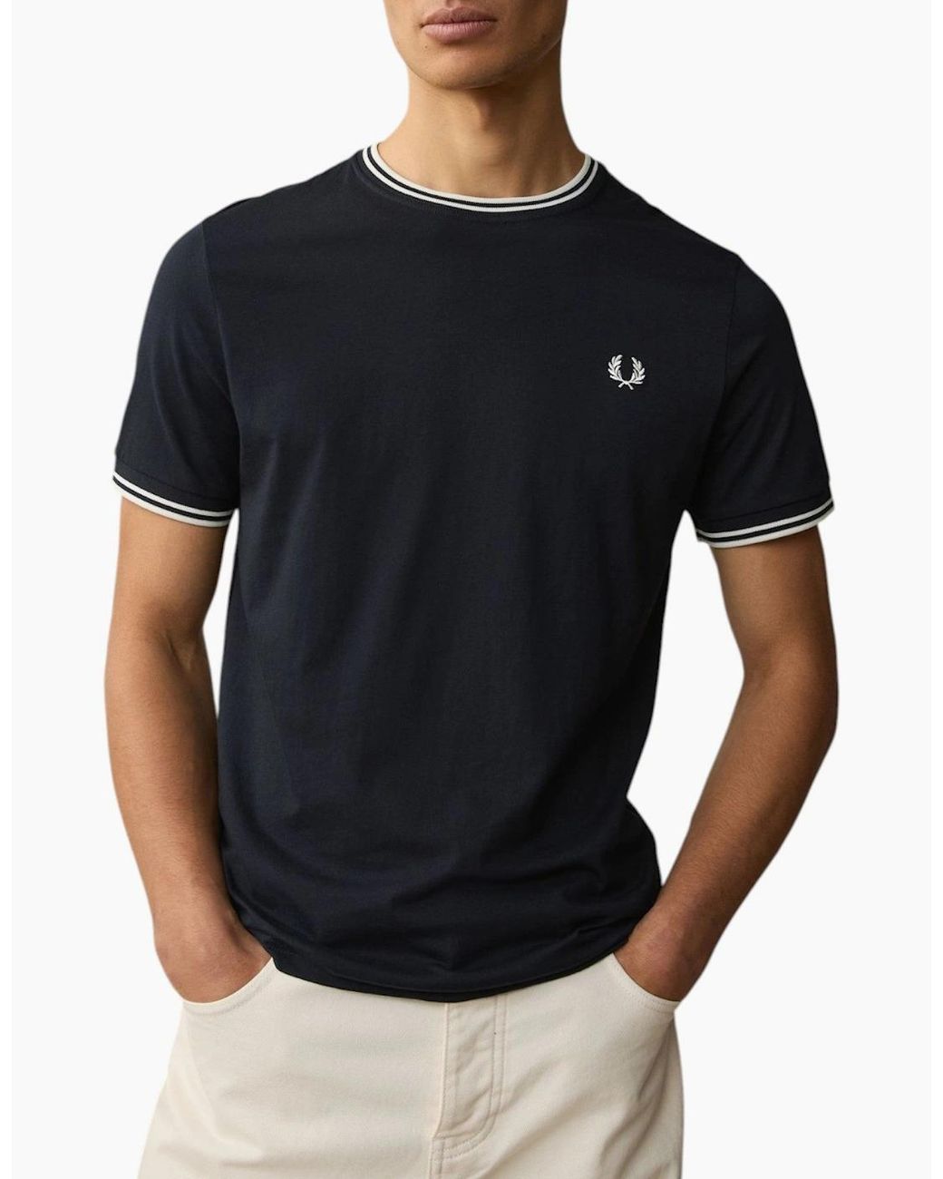 Fred Perry Blue Twin Tipped T Shirt Crew Neck Short Sleeve Summer Tee for men