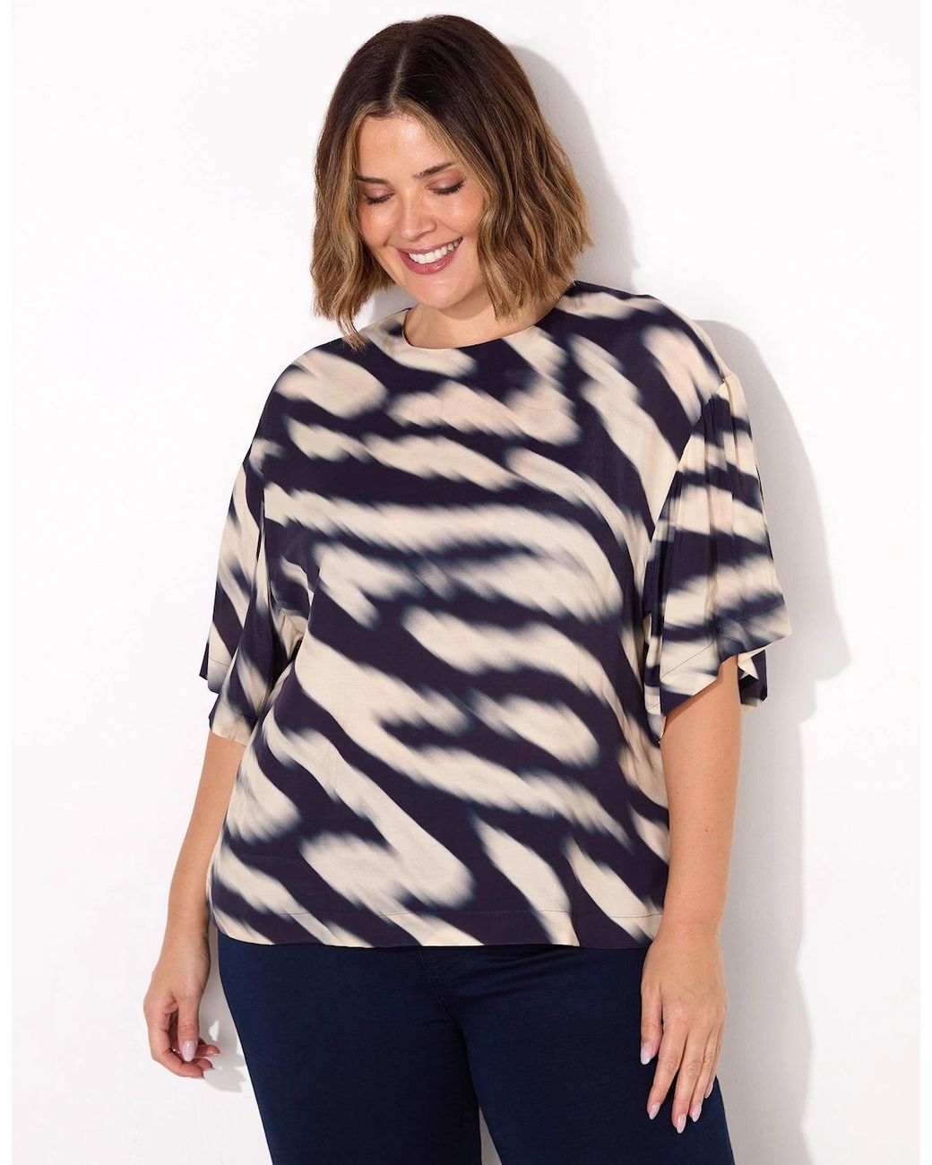 Live Unlimited London Blue Blurred Animal Print Elevated Woven Top