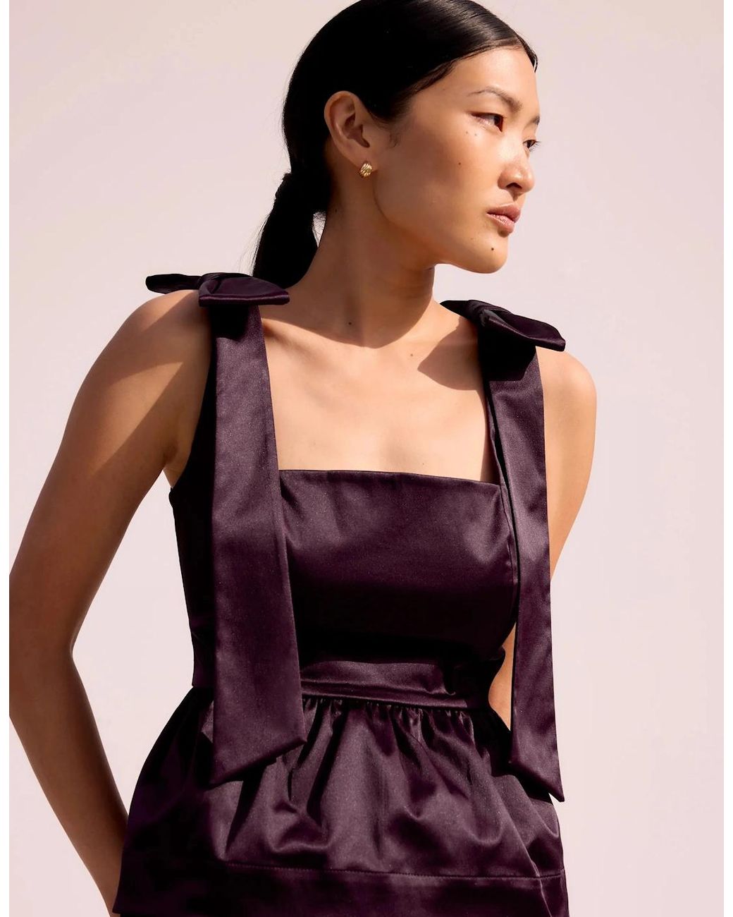 Ro&zo Purple Burgundy Bow-Detail Peplum Satin Top