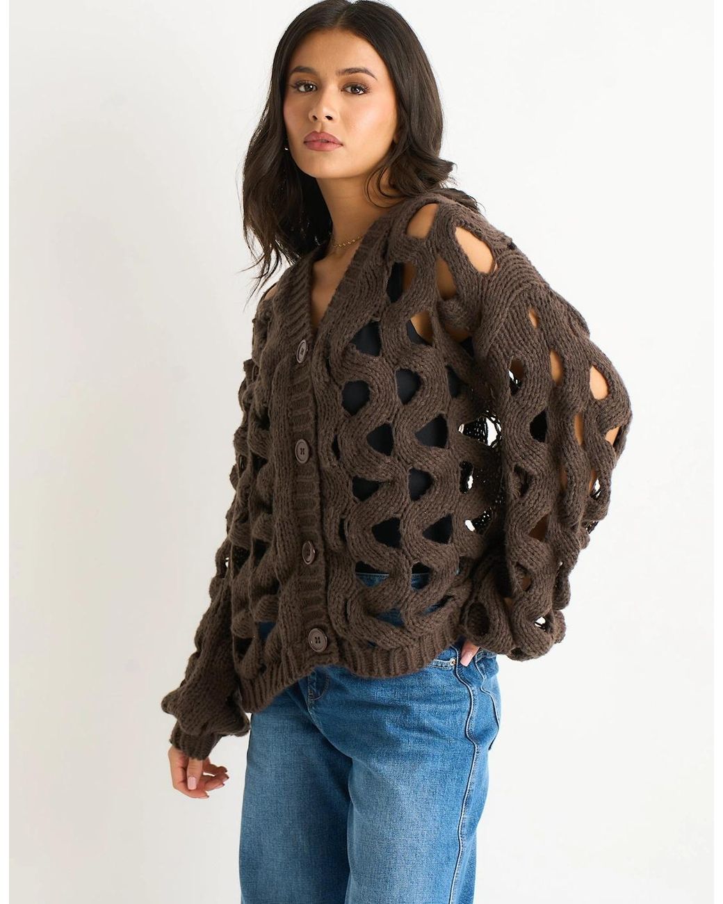 Gini London Brown Chocolate Hollow Chunky Knit Cardigan