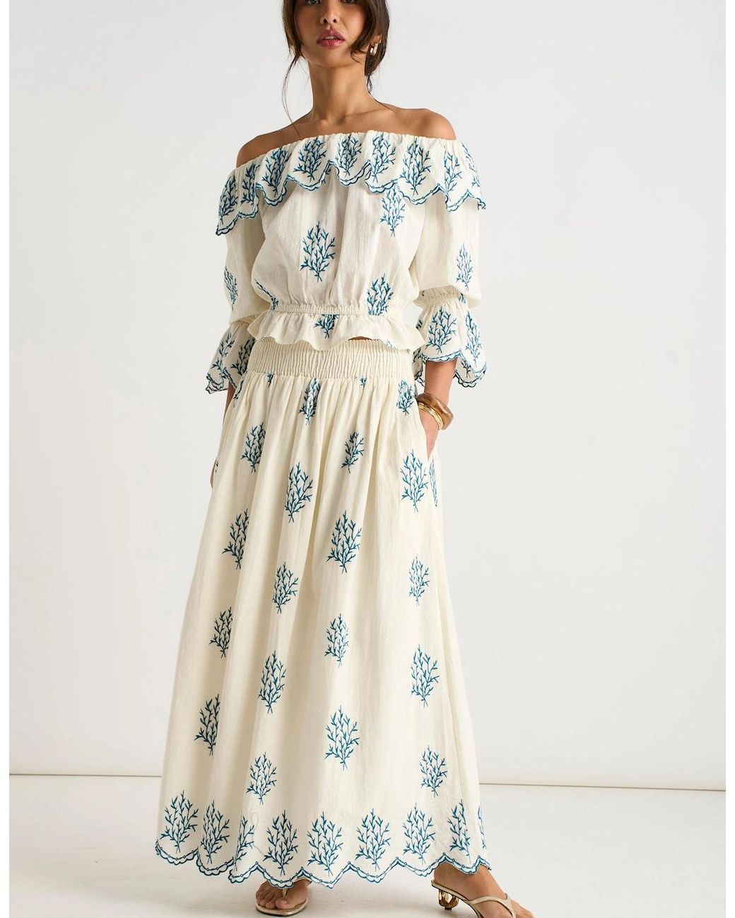 Gini London Natural Marshmallow Cotton Embroidered Skater Maxi Skirt