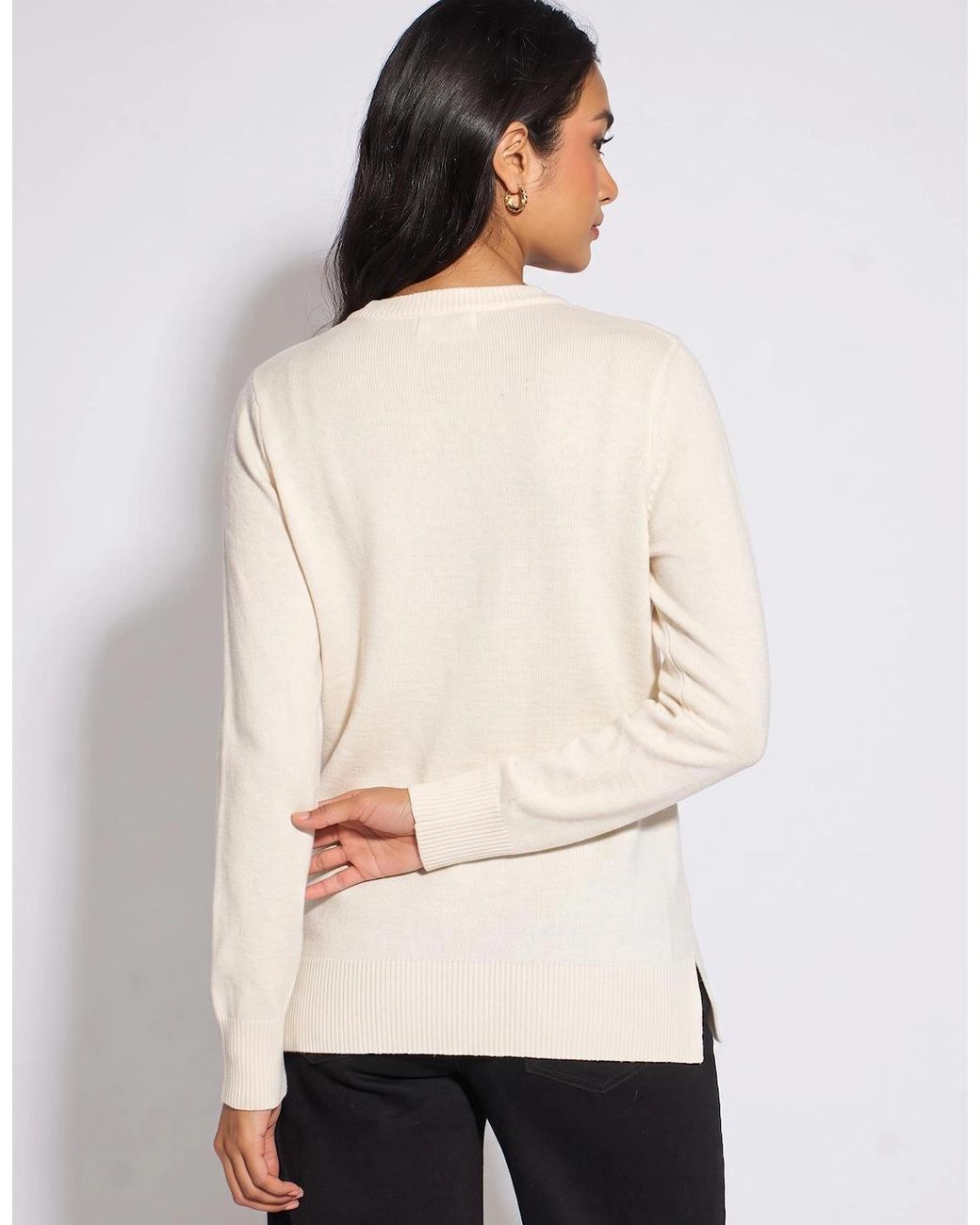 Gini London Natural Ivory Crew Neck Fine Knit Oversized Jumper